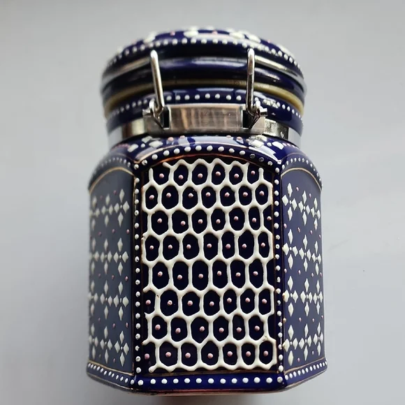 Pier 1, Navy and White Ceramic Canister. - Picture 2 of 10